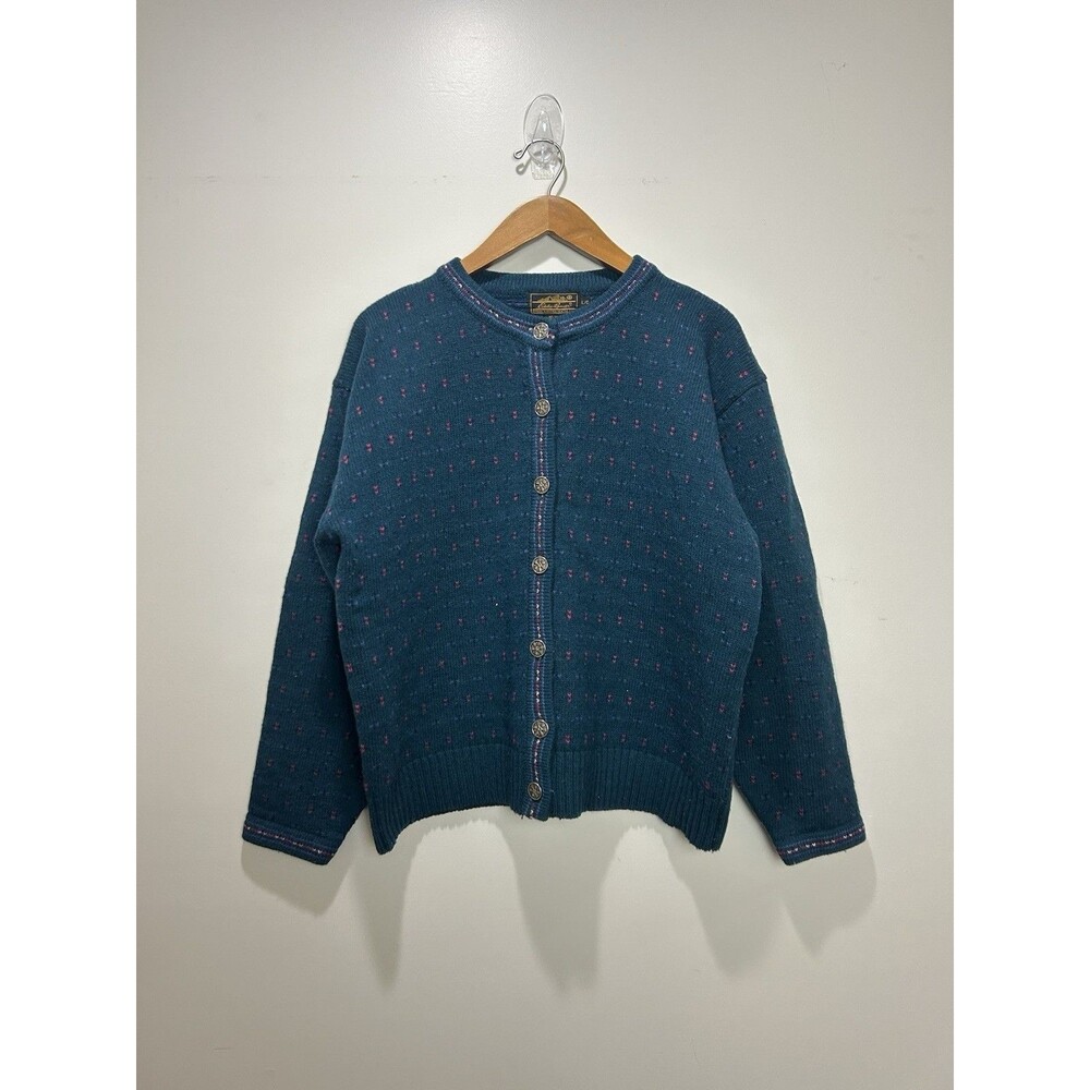 Vtg Eddie Bauer Cardigan Sweater Chunky Knit Birds Eye Wool Blend Gray Blue 90s